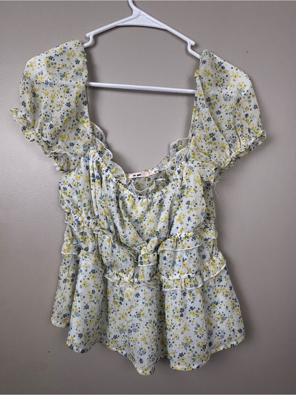 miami Yellow and Blue Floral Ruffle Peplum Top